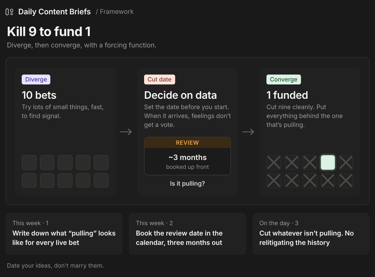 Kill 9 to fund 1 framework: 10 bets, a review date about three months out, then 1 funded with nine cut